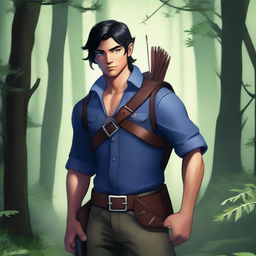 A high-quality digital art image depicts a ranger with jet black hair and piercing blue eyes