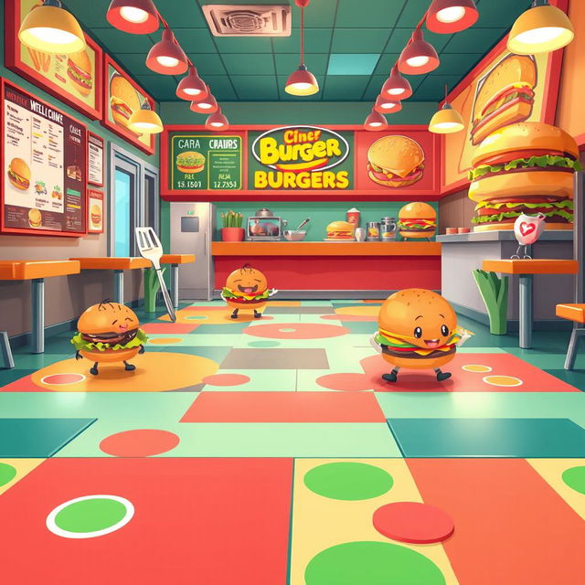 A 2D platforming scene set in a vibrant hamburger restaurant