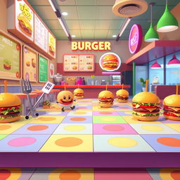 A 2D platforming scene set in a vibrant hamburger restaurant