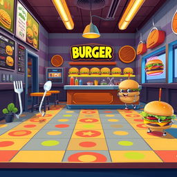 A 2D platforming scene set in a vibrant hamburger restaurant