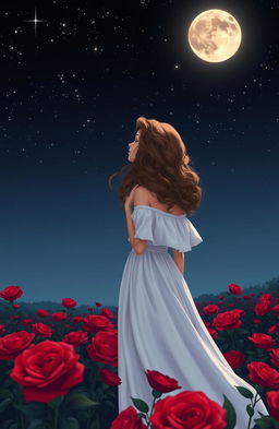A beautiful woman with long, wavy, curly hair, gazing at the moon