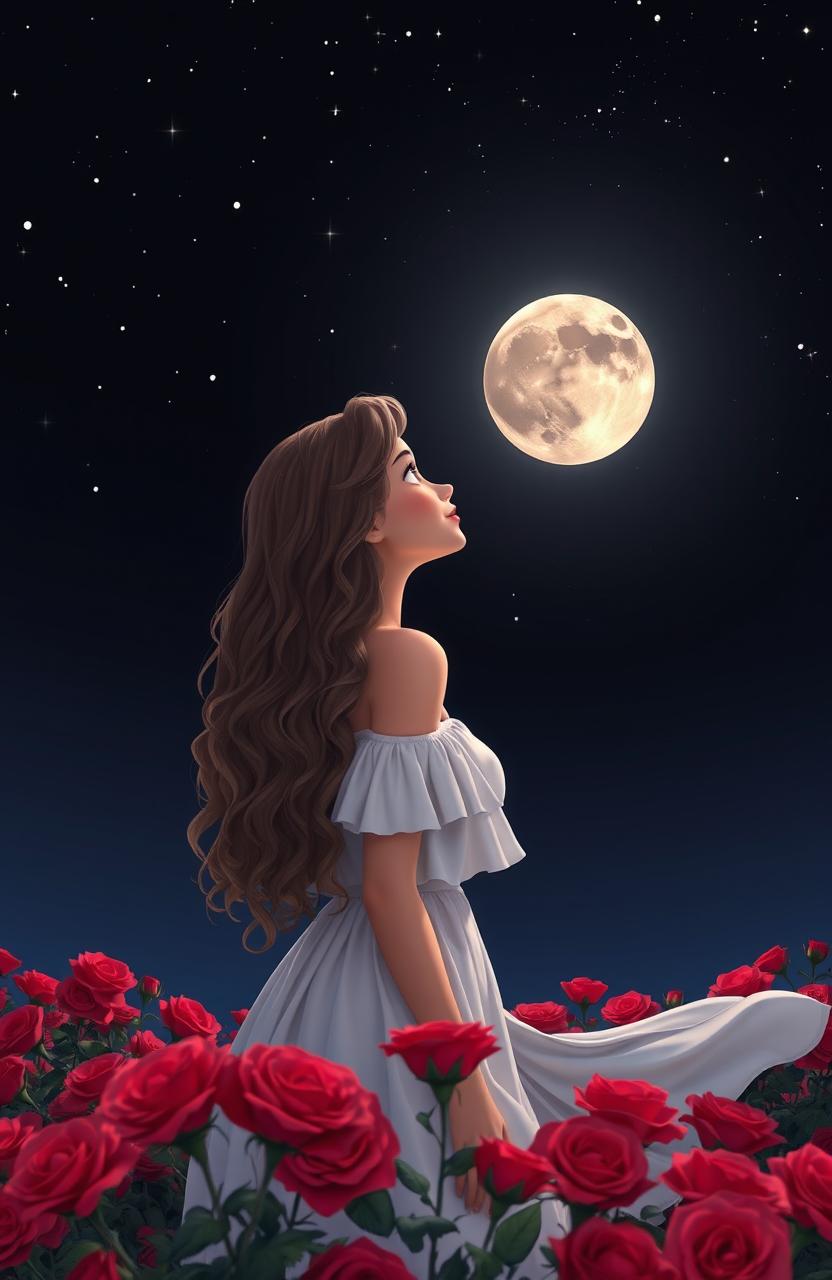 A beautiful woman with long, wavy, curly hair, gazing at the moon