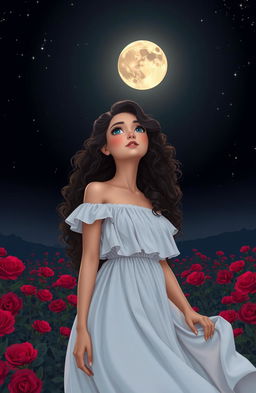 A beautiful woman with long, wavy, curly hair, gazing at the moon
