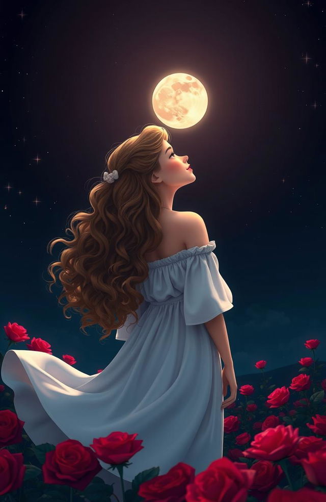 A beautiful woman with long, wavy, curly hair, gazing at the moon