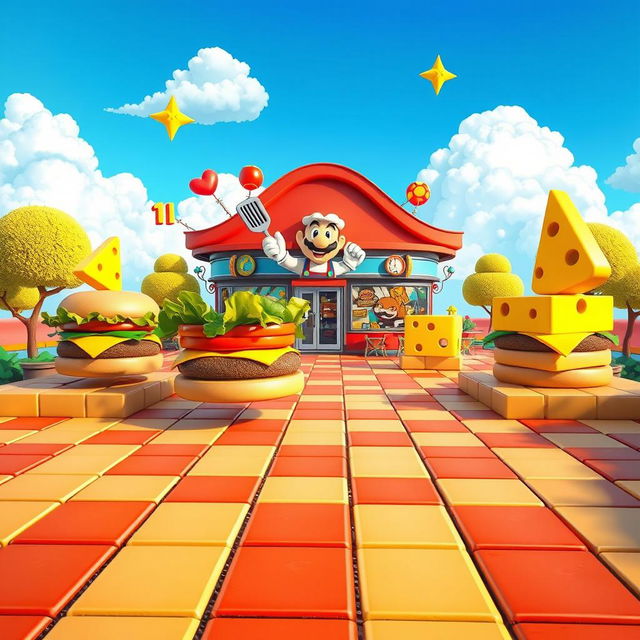 A vibrant platforming scene inspired by classic video games, featuring a colorful hamburger restaurant setting reminiscent of Mario Bros