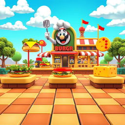 A vibrant platforming scene inspired by classic video games, featuring a colorful hamburger restaurant setting reminiscent of Mario Bros