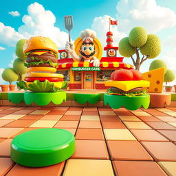 A vibrant platforming scene inspired by classic video games, featuring a colorful hamburger restaurant setting reminiscent of Mario Bros