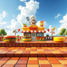A vibrant platforming scene inspired by classic video games, featuring a colorful hamburger restaurant setting reminiscent of Mario Bros