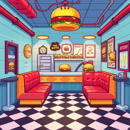 A vibrant and colorful pixel art background for a platformer game set in a hamburger restaurant