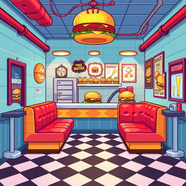 A vibrant and colorful pixel art background for a platformer game set in a hamburger restaurant