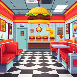 A vibrant and colorful pixel art background for a platformer game set in a hamburger restaurant