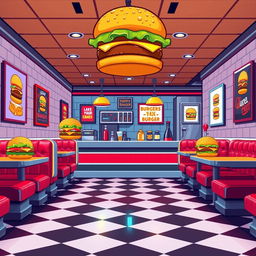 A vibrant and colorful pixel art background for a platformer game set in a hamburger restaurant