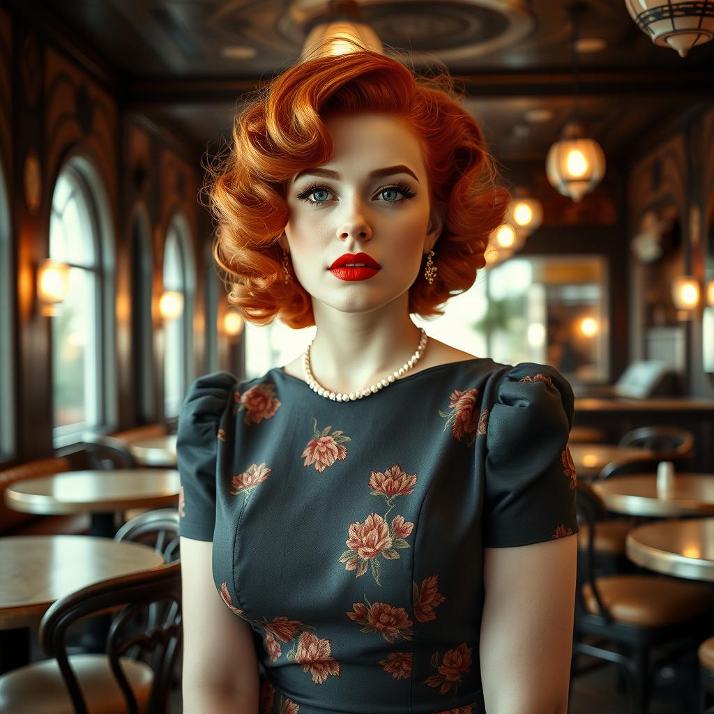 A striking portrait of a redhead transgender woman styled in the fashion of the 1940s