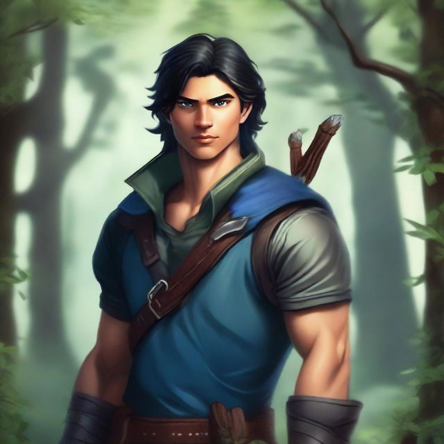 A high-quality digital art image depicts a ranger with jet black hair and piercing blue eyes