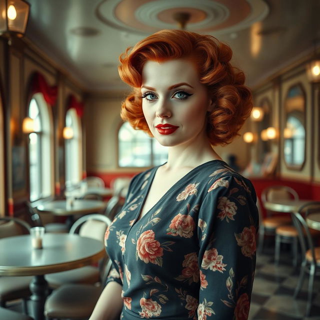 A striking portrait of a redhead transgender woman styled in the fashion of the 1940s