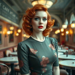 A striking portrait of a redhead transgender woman styled in the fashion of the 1940s