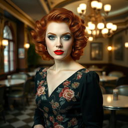 A striking portrait of a redhead transgender woman styled in the fashion of the 1940s
