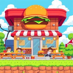 A vibrant pixel art background for a platformer game set in a hamburger restaurant