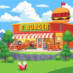 A vibrant pixel art background for a platformer game set in a hamburger restaurant
