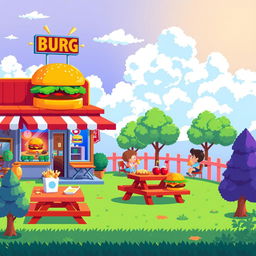A vibrant pixel art background for a platformer game set in a hamburger restaurant