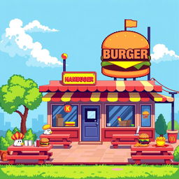 A vibrant pixel art background for a platformer game set in a hamburger restaurant