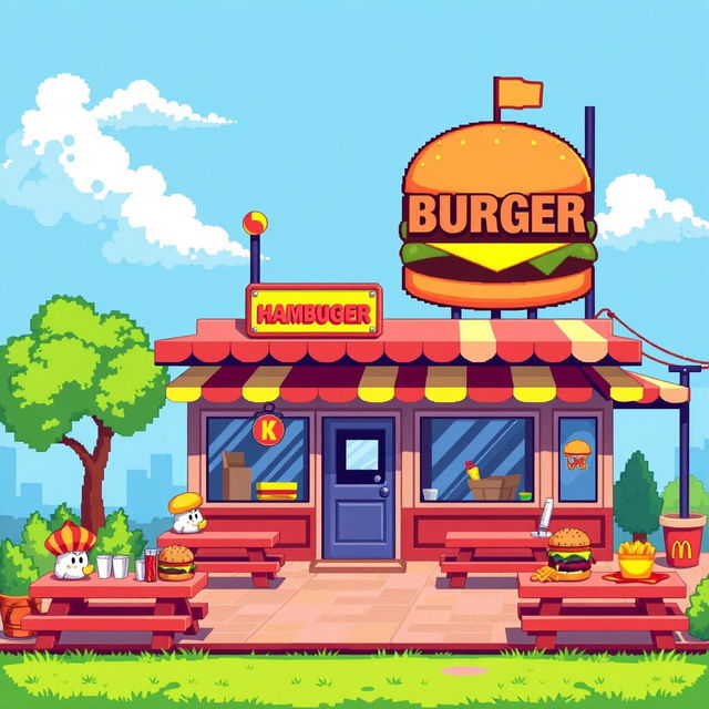 A vibrant pixel art background for a platformer game set in a hamburger restaurant