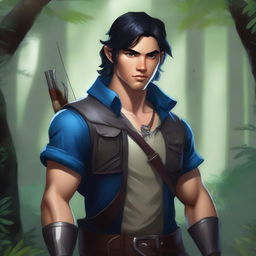 A high-quality digital art image depicts a ranger with jet black hair and piercing blue eyes