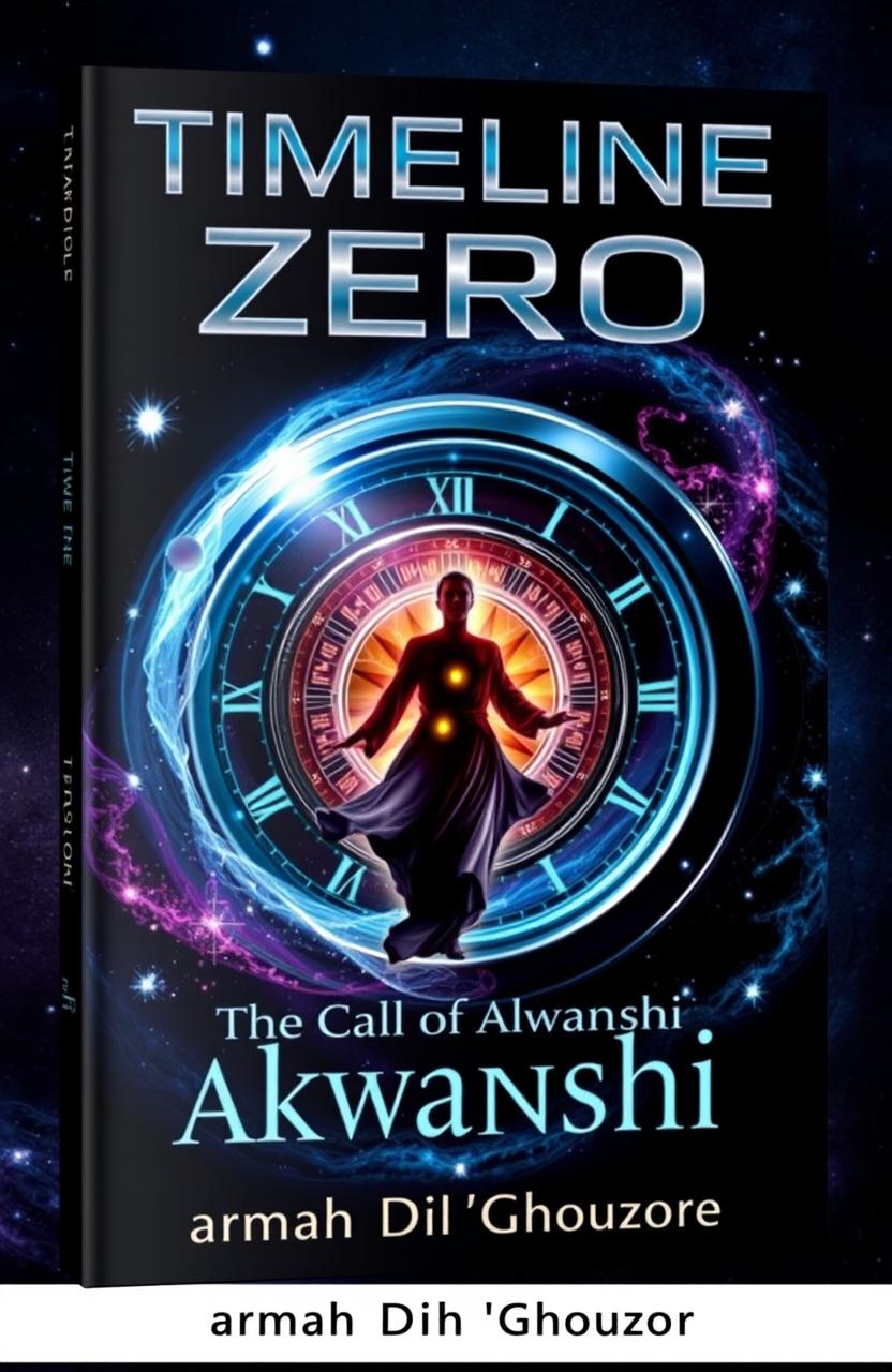 A striking book cover design for a science fiction novel titled 'TIMELINE ZERO' with the subtitle 'The Call of Akwanshi'