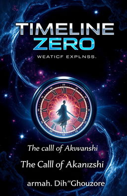 A striking book cover design for a science fiction novel titled 'TIMELINE ZERO' with the subtitle 'The Call of Akwanshi'