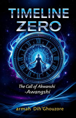 A striking book cover design for a science fiction novel titled 'TIMELINE ZERO' with the subtitle 'The Call of Akwanshi'