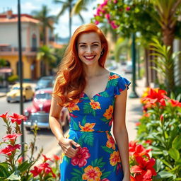A red-haired young trans woman in 1940s Brazil, wearing a vibrant tropical dress that reflects the era's fashion, with bright colors and floral patterns