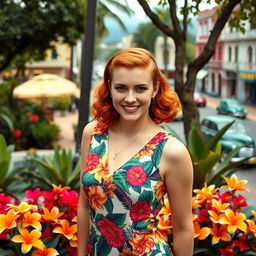A red-haired young trans woman in 1940s Brazil, wearing a vibrant tropical dress that reflects the era's fashion, with bright colors and floral patterns