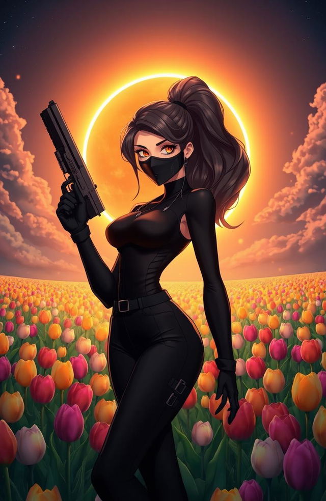 An enchanting scene featuring a beautiful woman with a high, wavy long ponytail, confidently holding a gun in her hand