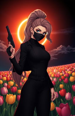 An enchanting scene featuring a beautiful woman with a high, wavy long ponytail, confidently holding a gun in her hand