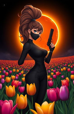 An enchanting scene featuring a beautiful woman with a high, wavy long ponytail, confidently holding a gun in her hand