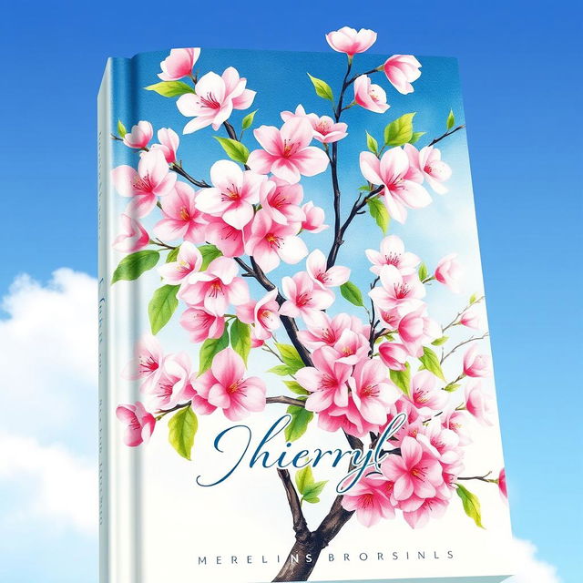 A stunning book cover featuring a cherry blossom tree in full bloom, illustrated in a beautiful watercolor painting style