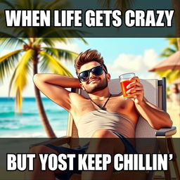 A humorous meme featuring the iconic 'Chill Guy' character, depicted as a relaxed young man leaning back on a chair with sunglasses on, holding a drink and surrounded by beach vibes