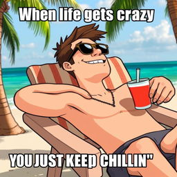 A humorous meme featuring the iconic 'Chill Guy' character, depicted as a relaxed young man leaning back on a chair with sunglasses on, holding a drink and surrounded by beach vibes