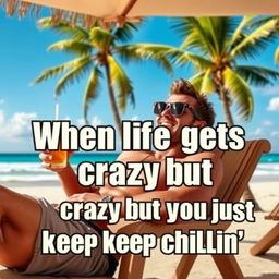 A humorous meme featuring the iconic 'Chill Guy' character, depicted as a relaxed young man leaning back on a chair with sunglasses on, holding a drink and surrounded by beach vibes