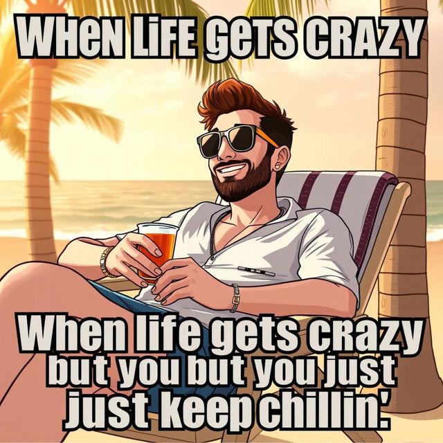 A humorous meme featuring the iconic 'Chill Guy' character, depicted as a relaxed young man leaning back on a chair with sunglasses on, holding a drink and surrounded by beach vibes