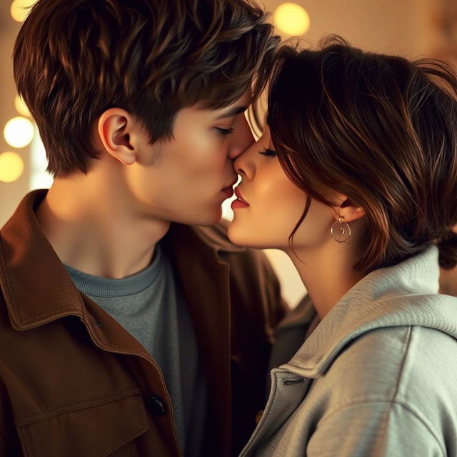 A romantic scene depicting two individuals in an intimate lips-to-lips kiss, their faces close together with soft expressions