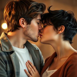 A romantic scene depicting two individuals in an intimate lips-to-lips kiss, their faces close together with soft expressions