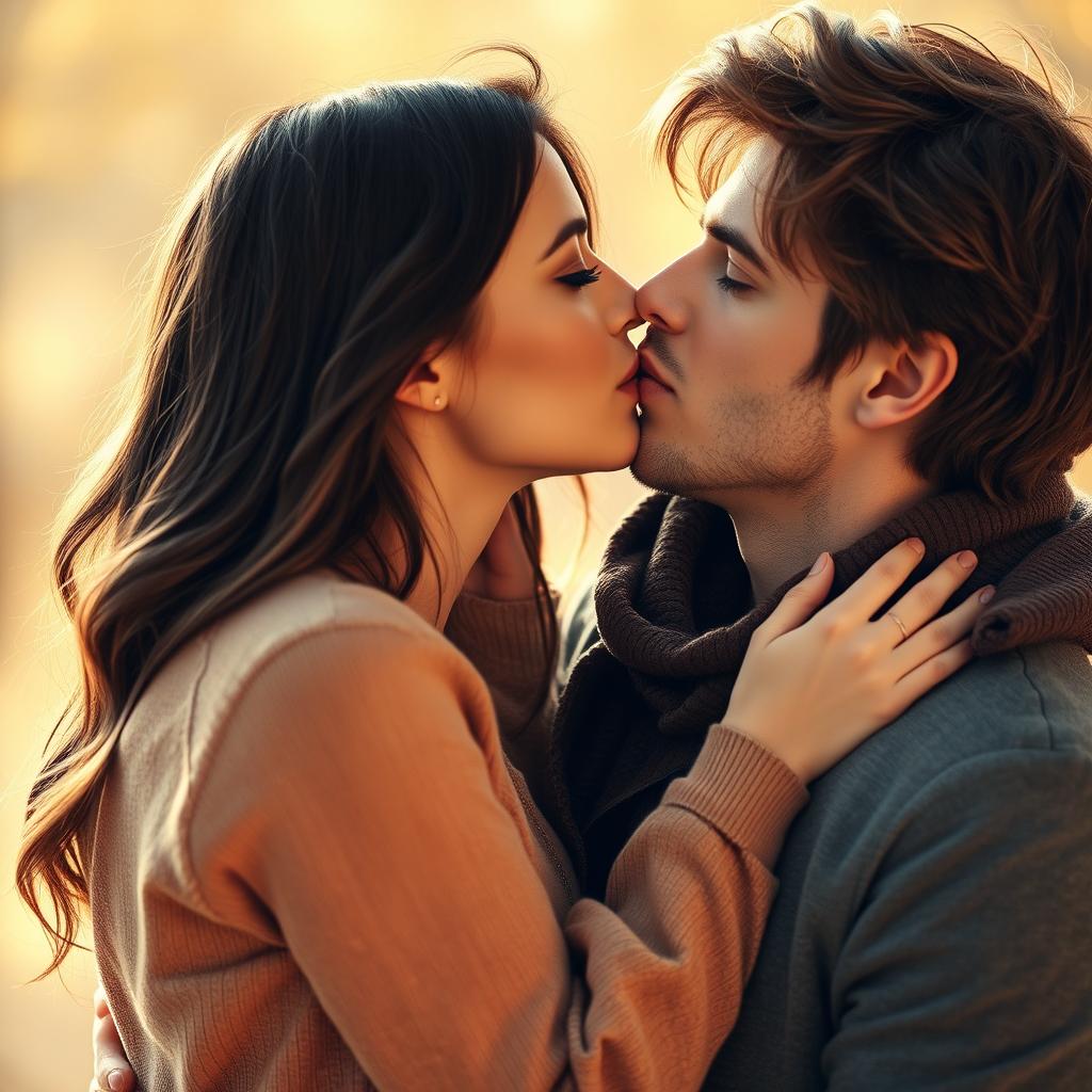 A romantic scene depicting two individuals in an intimate lips-to-lips kiss, their faces close together with soft expressions