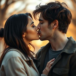 A romantic scene depicting two individuals in an intimate lips-to-lips kiss, their faces close together with soft expressions