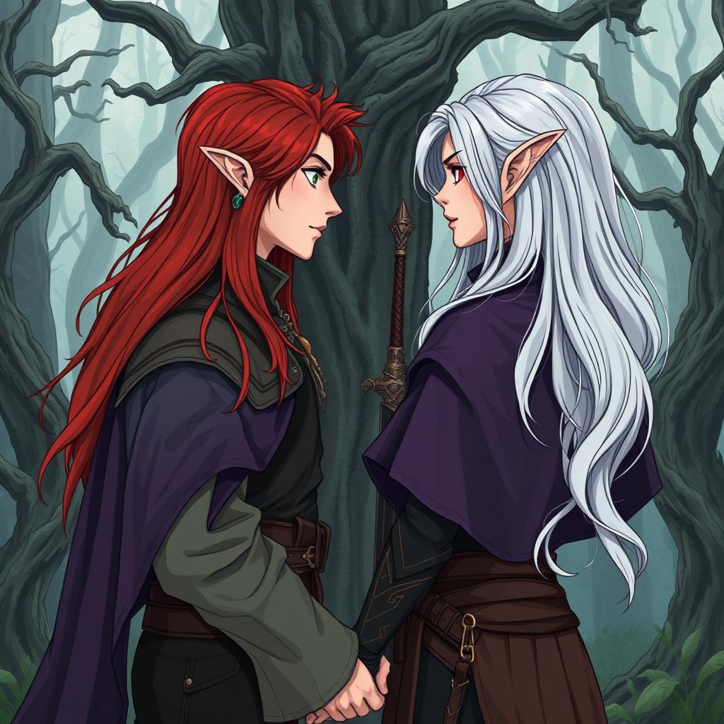 Illustration in manhwa style of a couple in a cursed forest