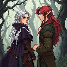 Illustration in manhwa style of a couple in a cursed forest