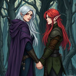 A beautifully illustrated manhwa style scene depicting a couple in a cursed forest