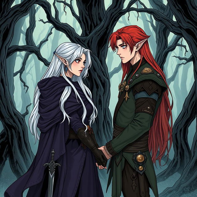 A beautifully illustrated manhwa style scene depicting a couple in a cursed forest