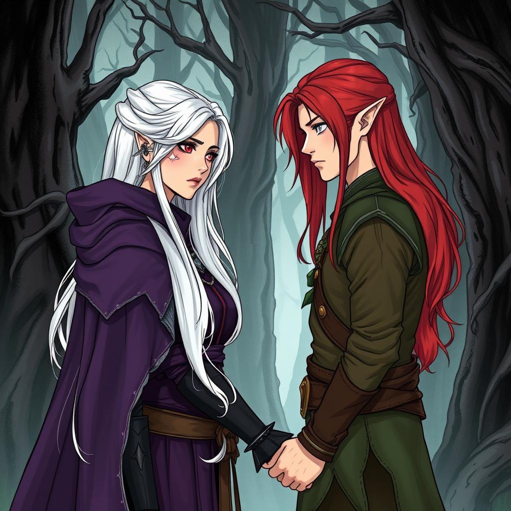 A beautifully illustrated manhwa style scene depicting a couple in a cursed forest