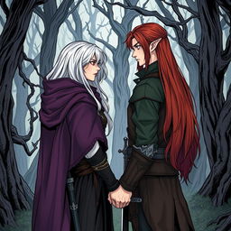 A beautifully illustrated manhwa style scene depicting a couple in a cursed forest